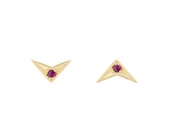 14k SOLID Gold, Tiny Arrow Ruby Earrings, Dainty Ruby Earrings, 14k Yellow Gold Stud Earrings, Small 14k Studs, Minimalist Fine Jewelry