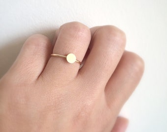 14k Gold Coin Ring. Engraving Option. Tiny 14k Yellow Gold Disc Ring. Personalized Ring. Promise Ring. Stackable. Initials. Zodiac Jewelry