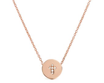 Diamond Cross Necklace, 14K SOLID Rose Gold, Cross Pendant, Cross on a Disc, Gold Cross Necklace, Love, Gift, Push Present