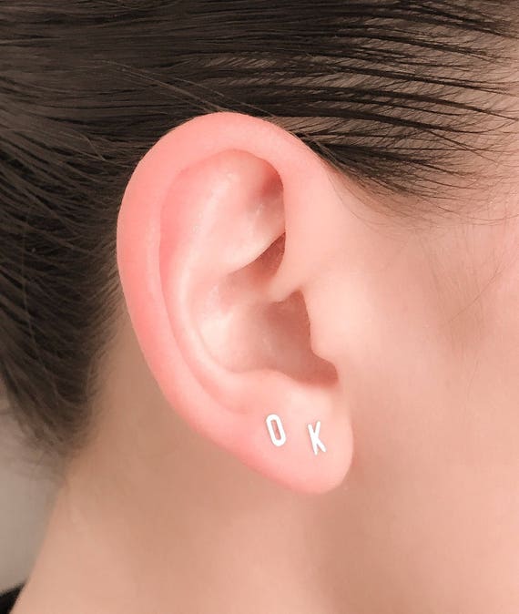 14k SOLID White Gold Tiny Initial Stud 