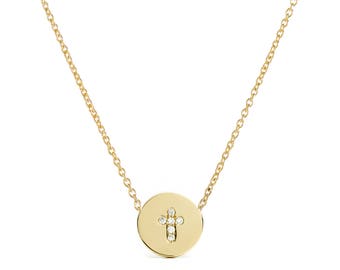 Diamond Cross Necklace, 14K SOLID Yellow Gold, Cross Pendant, Cross on a Disc, Gold Cross Necklace, Love, Gift, Push Present