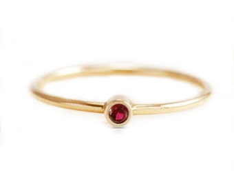 Dainty Ruby Ring, Solid 14k gold, Ruby Birthtone Ring, Dainty Engagement Ring, Thin Wedding Ring, Tiny Bezel Ruby, Stacking Ring, Small Ruby