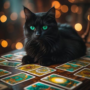 Lecture de tarots passée, présente et future (carrière, vie ou amour) par un chat noir familier
