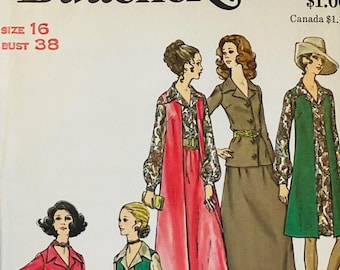 Patrón de costura para blusa, falda y chaleco maxi de los años 70, Butterick 6024, talla 16, B38 FF
