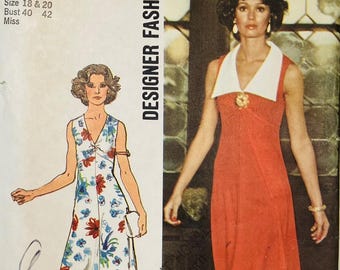 70s Simplicity 6344 18-20 Empire Waist V-Neck Maxi Dress Vintage Sewing Pattern
