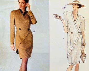 90s Albert Nipon Vogue 2595 Sz 8-12 Mock Wrap Asymmetrical Dress Pattern CC