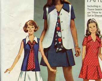 1970s Simplicity 8615 Misses Drop Waist Mini Dress Vest Tie Sewing Pattern V Neck with Collar Inverted Pleat Skirt  Size 14 Bust 36