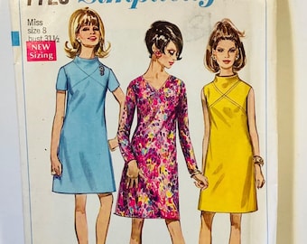 Patrón de costura vintage para vestido de corte A de los años 60, Simplicity 7720, talla 8, corte completo