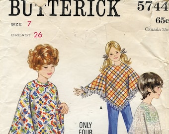 1960s Butterick 5744 Girls Poncho Elastic Waist Shorts Bell Bottoms Vintage Sewing Pattern Size 7 Breast 26