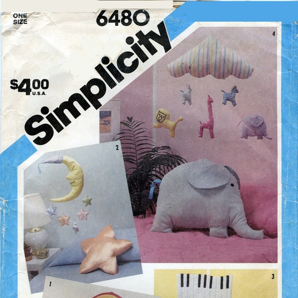 1980s Simplicity 6480 Mobiles Matching Pillows Sewing Pattern Rainbow Moon & Stars Musical Circus UNCUT