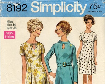 1960s Simplicity 8192 Misses Princess Seamed Dress Vintage Sewing Pattern Keyhole Neckline Sleeve Variations Size 14 Bust 36 MISSING PIECE H