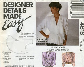 1980s McCall's 4618 Palmer Pletsch Misses Dolman Sleeve Blouse Vintage Sewing Pattern Variations Front Tie Size 12 Bust 34 UNCUT