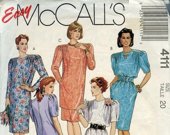 1980s McCall's 4111 Misses Dress Top Tunic Skirt Vintage Sewing Pattern Shoulder Pads Straight Dress Skirt Pockets Size 20 Bust 42