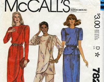 1980s McCall's 7827 Misses Wrap Dress or Tunic Skirt and Pants Vintage Sewing Pattern Left Shoulder Pleats  Size 14 Bust 36 Uncut FF