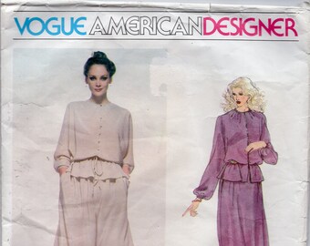 70s Vogue 1992 Bill Blass American Designer Misses Top Skirt Sewing Pattern Dolman Sleeves Size 14 Bust 36
