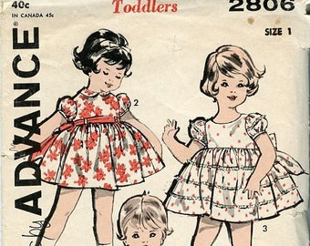 1960s Advance 2806 Todders Dress Vintage Sewing Pattern Full Skirt Back Bow Puff Sleeve Collar Variations Size 1 Breast 20