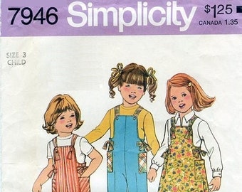 1970s Simplicity 7946 Girl's Overalls & Jumper Vintage Sewing Pattern Tie Sides Patch Pockets Cross Straps in Back Size 3 Breast 22 UNCUT FF