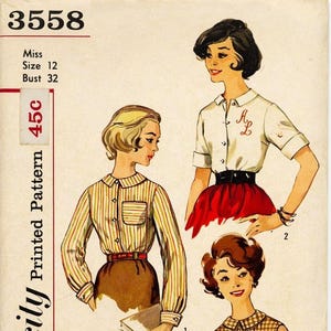 1960s Button Front Monogram Blouse Sewing Pattern Simplicity 3558 Bust 32 Uncut