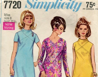 1960s Simplicity 7720 Misses A-Line Dress  Vintage Sewing Pattern Size 8 Bust 31.5