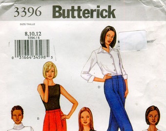 Butterick 3396 Misses Pants Shorts Sewing Pattern Straight Leg Pleats Pockets Optional Cuffs Size 8 10 12