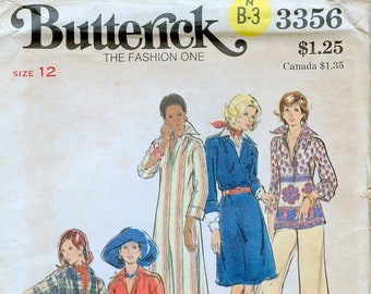 1970s Butterick 3356 Loose FItting Dress Top Wide Leg Pants Sewing Pattern Size 12 Bust 34 UNCUT FF