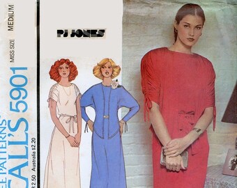 1970s McCall's 5901 Misses Ruched Drawstring Dolman Sleeve Dress and Jacket PJ Jones Sewing Pattern Size Med (14-16) Bust 36 38 UNCUT