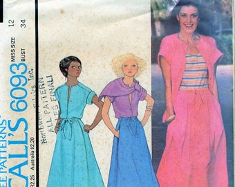 1970s McCall's 6093 Misses Button Front Top Drawstring Skirt Scarf Sewing Pattern Side Pockets Size 12 Bust 34 UNCUT FF