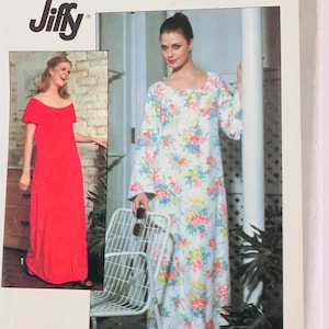 Könnte beinhalten: Eine Jiffy-Schnittmusterhülle mit zwei bodenlangen Kleidern. Eines ist ein einfarbig rotes Kleid mit kurzen Ärmeln und weitem Ausschnitt. Das andere ist ein langärmeliges weißes Kleid mit einem bunten Blumenmuster in Rosa, Blau und Gelb.
