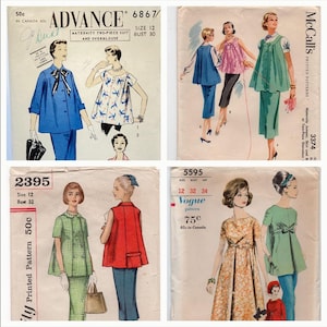 May include: A collection of four vintage sewing pattern envelopes featuring illustrations of maternity clothing. The patterns include Advance 6867, McCall's 3374, 2395, and Vogue 5595, displaying various styles of tops, skirts, and dresses with printed text.