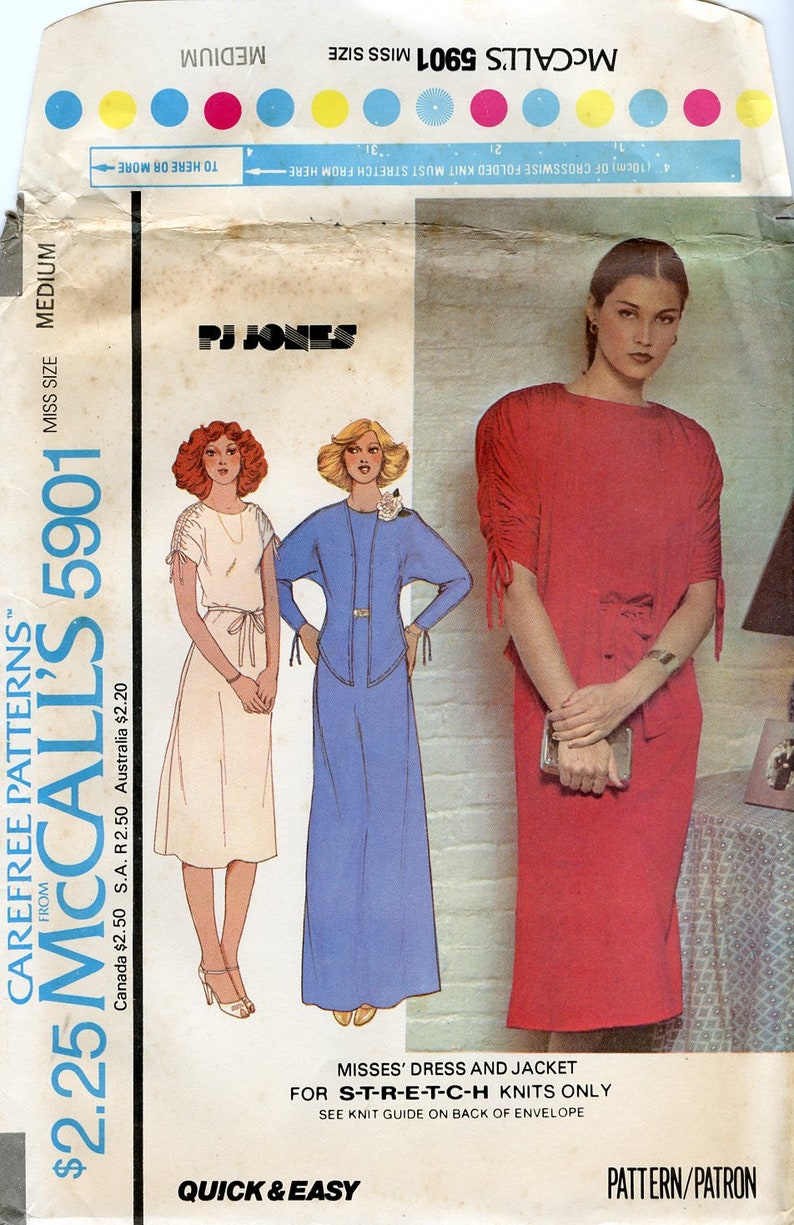 1970s McCall's 5901 Misses Ruched Drawstring Dolman Sleeve Dress and Jacket PJ Jones Sewing Pattern Size Med 14-16 Bust 36 38 UNCUT image 2