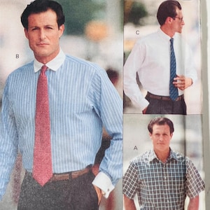 May include: A page from a catalog featuring three men's shirts. The first shirt is light blue with white vertical stripes, a white collar, and a red tie. The second shirt is white with a blue tie. The third shirt is a plaid pattern.