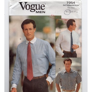 May include: Vogue Men pattern 7954 for shirts in size 16 1/2-17 1/2. The envelope displays three shirt variations: a blue striped long-sleeve shirt with a white collar and cuffs, a solid white long-sleeve shirt with a tie, and a plaid short-sleeve shirt.