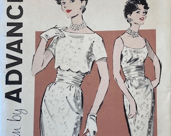 Vestido tubo de los años 60 con chaqueta festoneada Advance 9328 B36 Patrón de costura vintage LEER