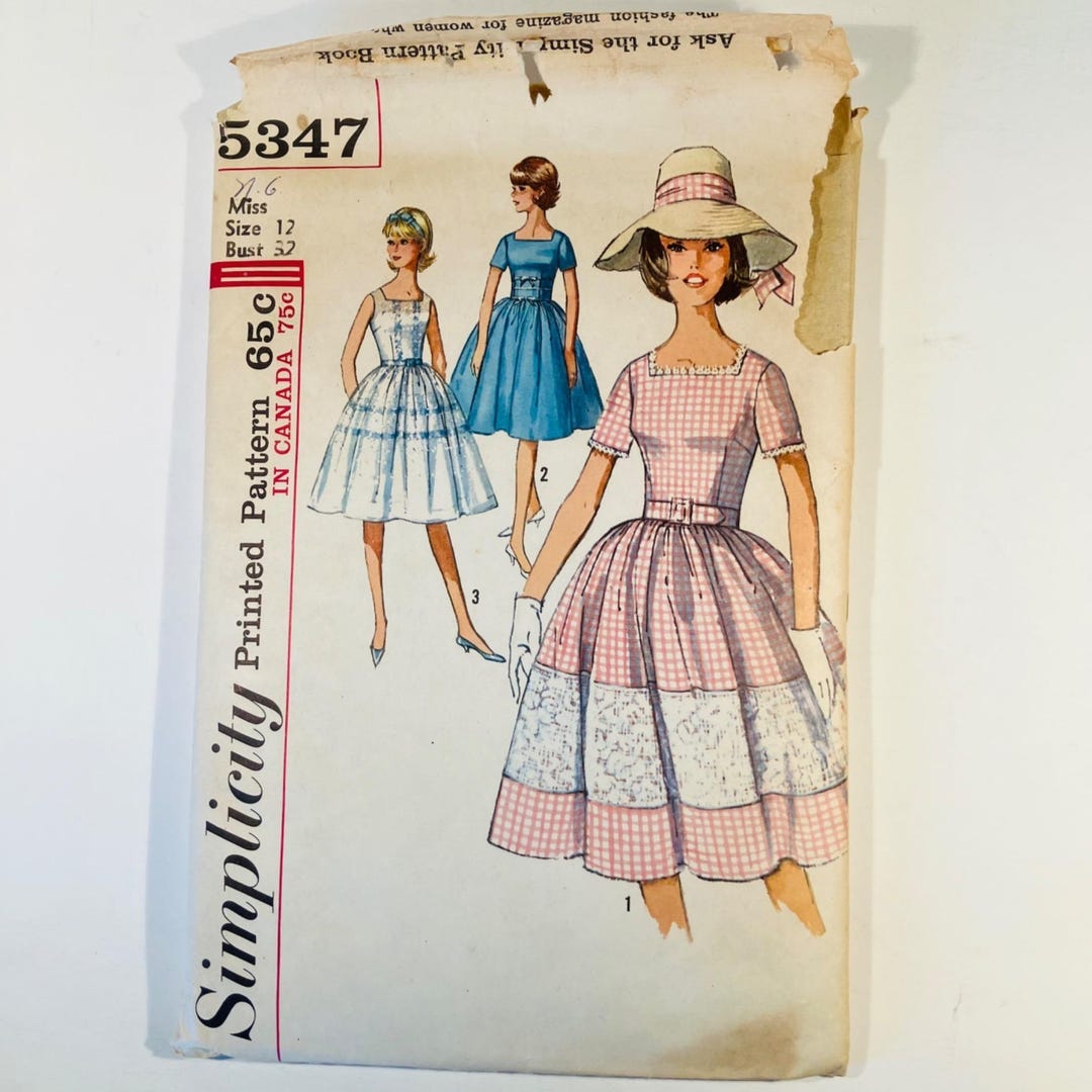 Simplicity Pattern 5347 1960s Simplicity 5347 Sz 12 B32 Full Skirt Dress & Matching Hat Band ...