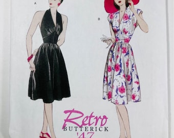 Patrón de costura retro Butterick B5209 de los años 40 con cuello halter y mangas cortas (reimpresión) FF