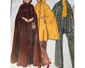 70s Vogue 1097 Sz 10 Button Front Cape Pattern Hood or Collar Short or Maxi FF