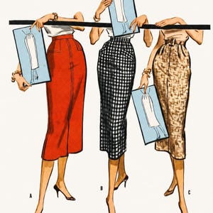 May include: Illustration of three pencil skirts in different patterns and colors: red, black and white checkered, and tan with a subtle pattern. Each figure holds a blue card with a skirt design. The figures are wearing heels.