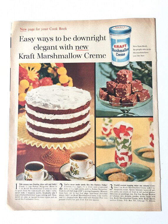 Kraft Marshmallow Creme 1960s Vintage Magazine Ad Recipes for Etsy