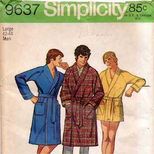 May include: A Simplicity 9637 sewing pattern envelope for a robe in size Large 42-44. The illustration shows three variations of the robe: one solid blue, one red and green plaid, and one solid yellow. Each robe features a shawl collar, tie belt, and pockets.
