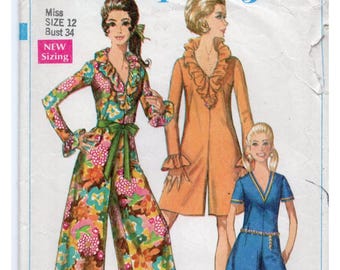 60s Simplicity 7956 Pantdress Pattern Jumpsuit Romper Ruffle Collar Sz12 B34 CC