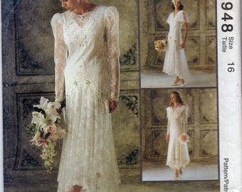 90s McCalls 6948 Wedding Dress Sewing Pattern Hemline Variations Sz 16 B38 FF