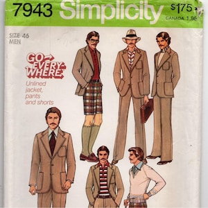 May include: A Simplicity sewing pattern envelope 7943 for size 46, featuring illustrations of unlined jackets, pants, and shorts. The cover displays various outfits including tan blazers, plaid shorts, and trousers, with the text Go Everywhere.