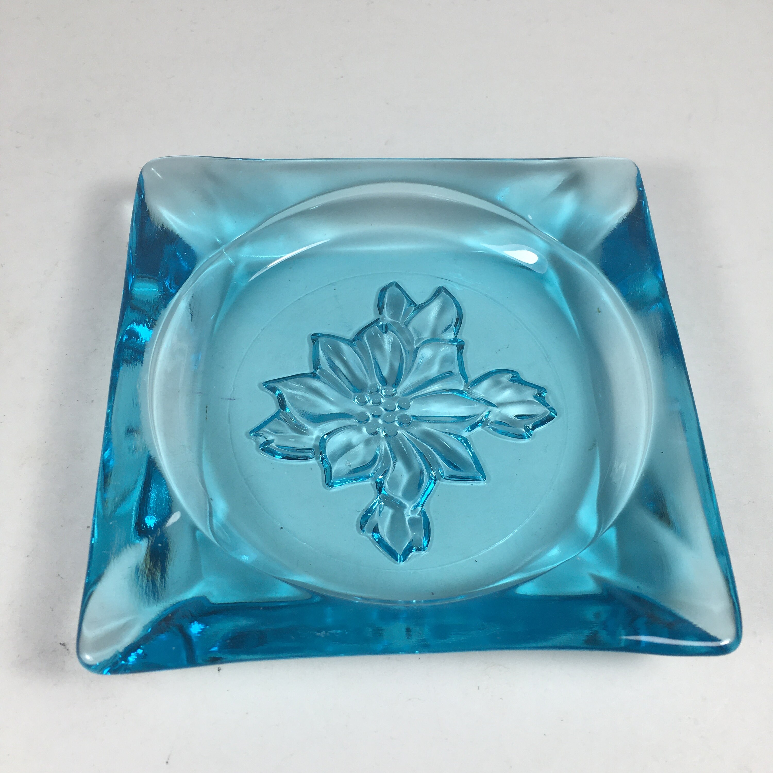 Vintage Blue Glass Floral Ash Tray 3.5 Square Flower Etsy