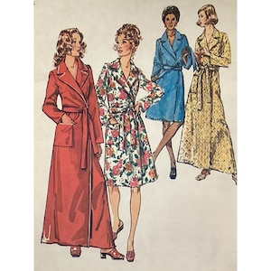 May include: A vintage sewing pattern illustration featuring four robe designs. One is a long red robe, one is a knee-length floral robe, one is a knee-length blue robe, and one is a long yellow patterned robe, all with lapels and waist ties.