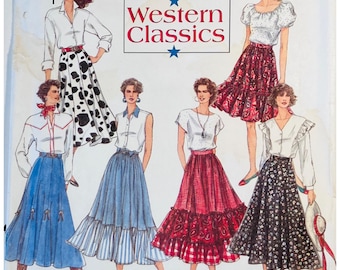 Patrón de falda acampanada o circular con volantes estilo western Simplicity 8193, tallas 12-16 (años 90) FF