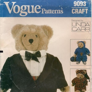 May include: Vogue Patterns 9093 Craft sewing pattern envelope featuring a beige teddy bear wearing a black tuxedo jacket, white shirt, and black bow tie. The cover includes text by Linda Carr and two smaller images of bears in different outfits.