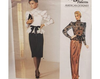 Patrón de top y vestido transparente Vogue 1189 de los años 80, diseñador estadounidense Kasper, talla 12 B34 LEER
