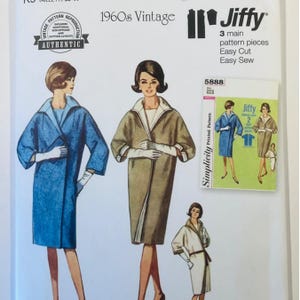 May include: A Simplicity Jiffy 1960s vintage sewing pattern envelope featuring illustrations of three coats in blue, tan, and white. The text includes 1960s Vintage, Jiffy, 3 main pattern pieces, Easy Cut, Easy Sew, and the pattern number 5888.