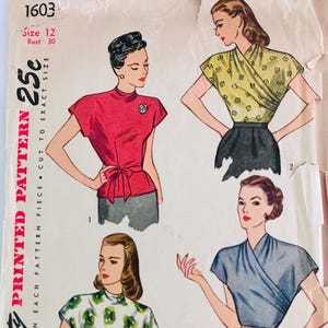 Rare 40s Vintage Simplicity 1603 Blouse Pattern Sz 12 Bust 30 Sewing Pattern CC