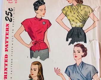 Patrón de blusa vintage Simplicity 1603 de los años 40, talla 12, busto 30. Patrón de costura CC.